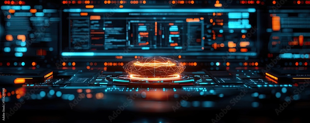 Poster Operation center idea. Futuristic interface with glowing elements and data visualizations on a digital screen.