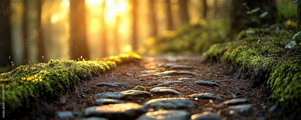 Poster moss forest concept. a serene forest path illuminated by sunlight, surrounded by greenery and mossy 