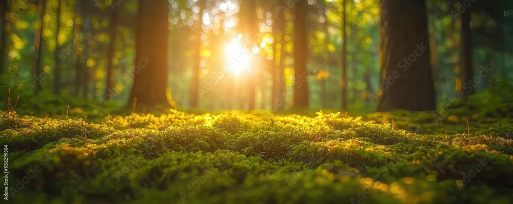Aufkleber moss forest concept. a serene forest scene with sunlight filtering through lush greenery.