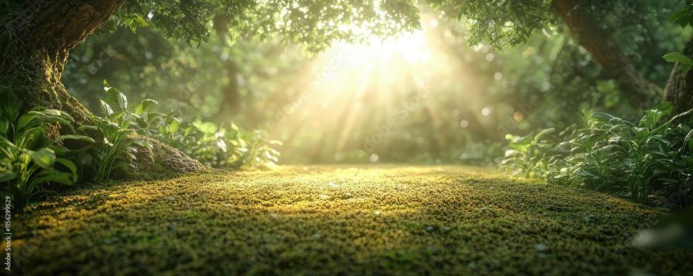 Poster moss forest concept. sunlight streaming through trees, illuminating a serene forest floor covered wi