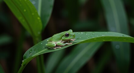 Green Tree Frog Resting On Dewy Leaf