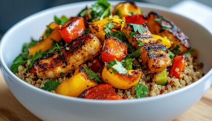 Fototapeta premium A vibrant bowl of quinoa topped with grilled chicken, colorful bell peppers, and fresh herbs, showcasing a healthy and delicious meal.