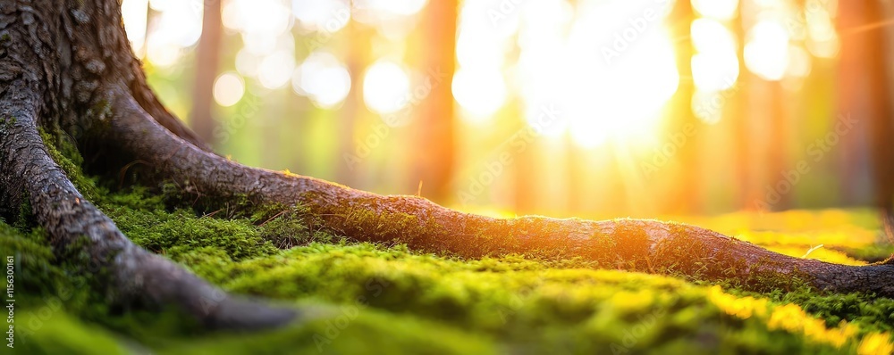 Poster moss forest concept. sunlight filters through trees illuminating green moss in a peaceful forest set
