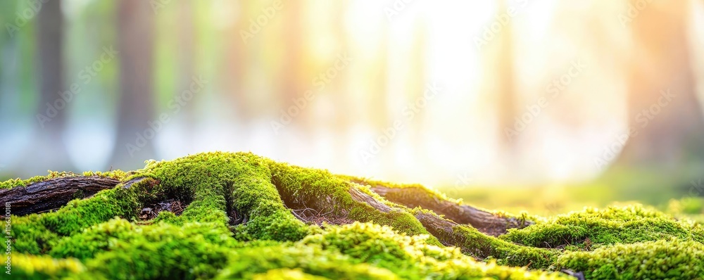 Poster moss forest concept. sunlight filtering through trees, illuminating a serene forest floor covered wi