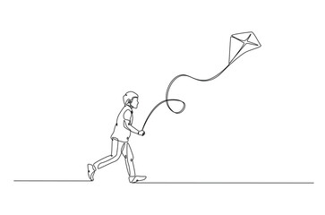 A boy playing kite continuous one line drawing. Kid running and playing kite in single line art illustration. Editable vector.