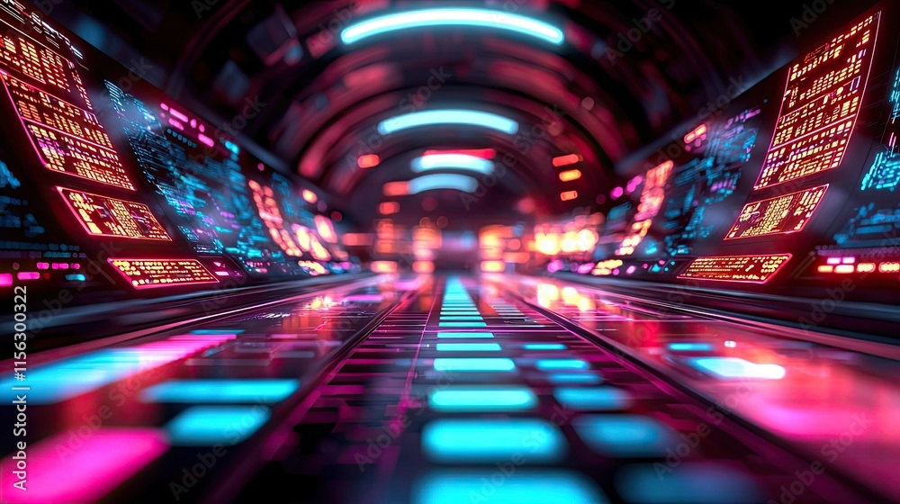 Poster operation center idea. futuristic tunnel with vibrant lights and digital interfaces, perfect for sci