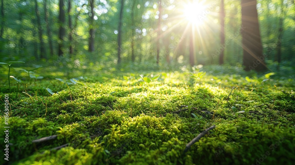 Poster moss forest concept. a serene forest landscape with sunlight filtering through lush green trees, cre
