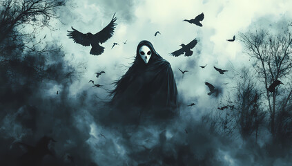Eerie cloaked figure with a mask and crows, gothic landscape