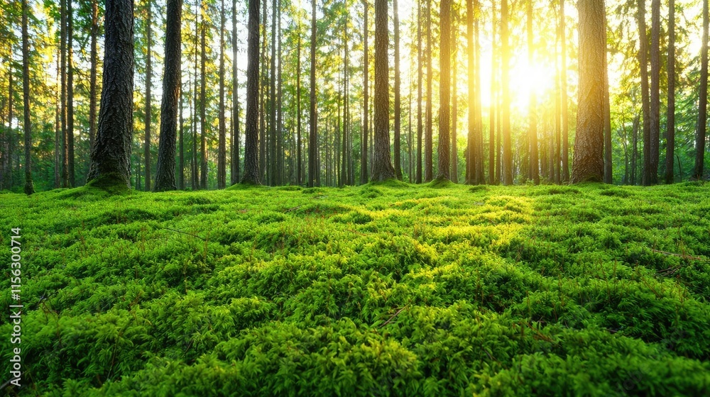 Poster moss forest concept. serene forest landscape with vibrant green moss and sunlight filtering through 