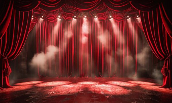 A red curtain with lights shining on it, creating a dramatic and theatrical atmosphere. The curtain is wide open, revealing a stage with a red floor.
