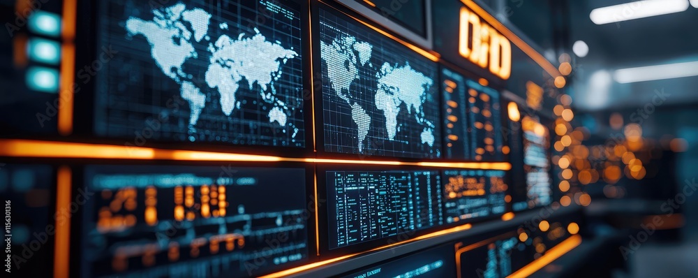 Poster Operation center idea. Futuristic control room with high-tech screens and global data visualization.