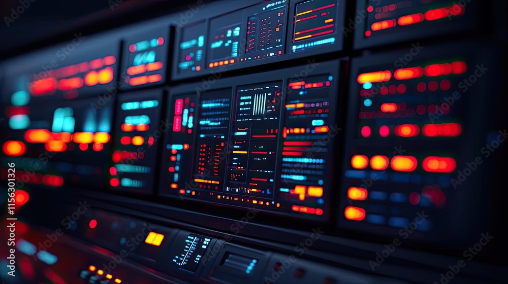 Poster operation center idea. futuristic control panel with glowing buttons and screens in vivid colors.