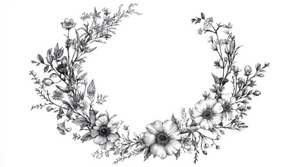 Fototapeta premium A beautifully detailed handdrawn vector flower wreath, featuring herbal line art, isolated on white, ideal for wedding frames, cosmetics, and graphic design elements