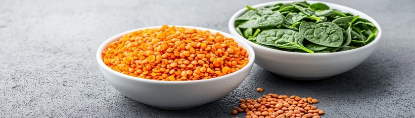 Two bowls contain vibrant orange lentils and fresh green spinach leaves, showcasing healthy ingredients on a textured surface.