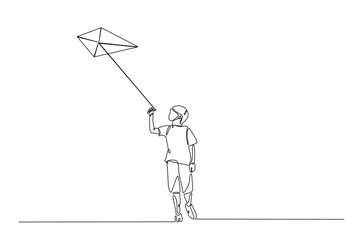 A boy playing kite continuous one line drawing. Kid running and playing kite in single line art illustration. Editable vector.