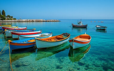 Obraz premium A serene view of small colorful fishing boats, equipped with nets, anchored in Limassol port, Cyprus island, with the clear blue Mediterranean waters in the background