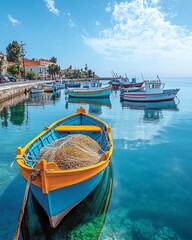 Obraz premium A scenic view of small colorful fishing boats with nets, moored in Limassol port, Cyprus island, surrounded by the beauty of the Mediterranean coast and clear skies