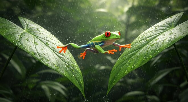 Red Eyed Tree Frog Leaping Through Rainforest Rain