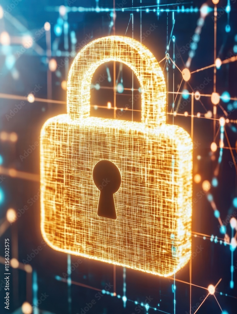 Poster digital lock icon with binary data background for cybersecurity concept