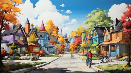 Fototapeta premium Colorful autumn street scene with houses and families biking.