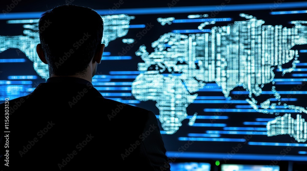 Poster man observing digital world map with data streams and analytics