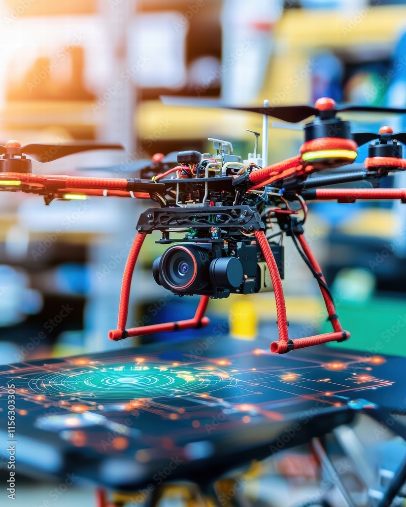 Poster drone with camera and technology interface in workshop setting