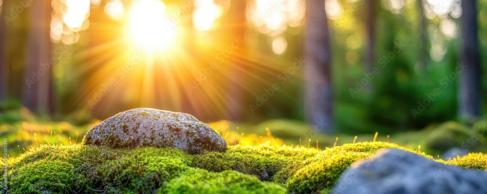 Poster Moss forest concept. Sunlight filters through trees, illuminating moss and rocks in a serene forest setting.