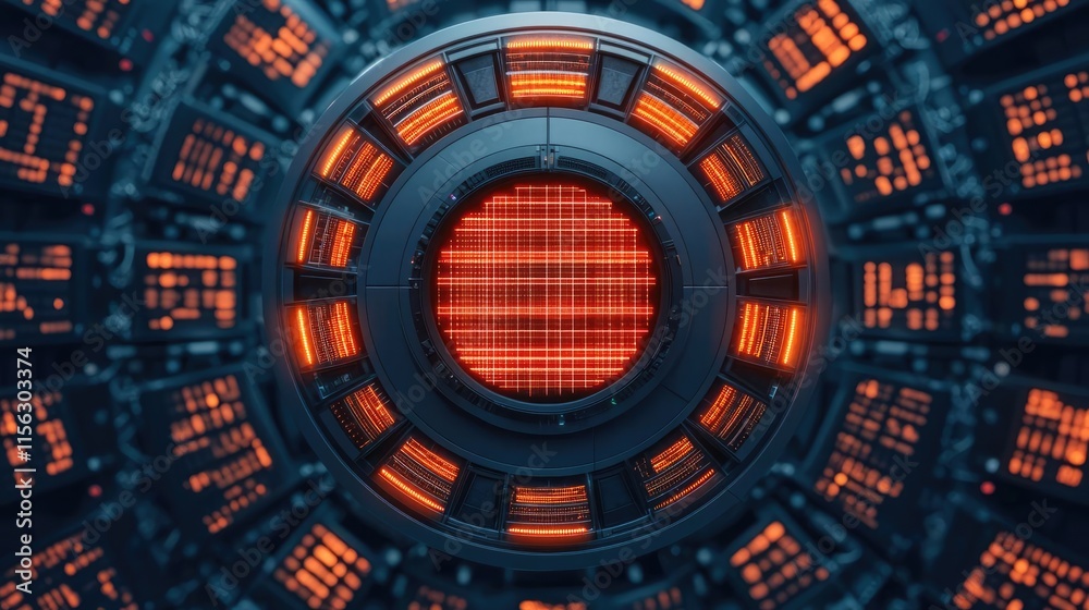Poster Operation center idea. Futuristic technology interface with glowing elements and intricate details.
