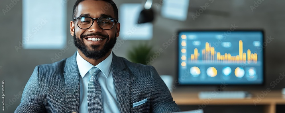 Poster Businessman guru concept. Professional man in a suit smiling in a modern office environment with data analytics on screen.