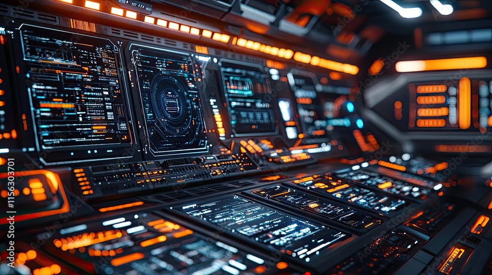 Poster Operation center idea. Futuristic control panel with glowing interface and advanced technology displays.