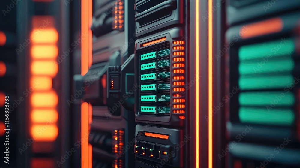 Poster Operation center idea. Close-up of a high-tech server rack with vibrant LED lights and complex connections.
