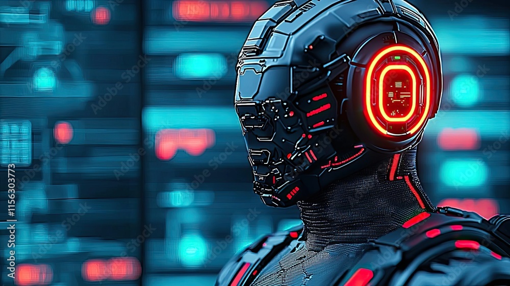Poster Operation center idea. Futuristic robot with glowing elements in a high-tech environment.