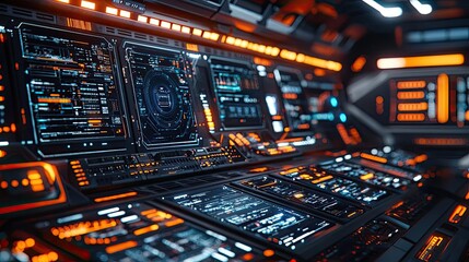 Operation center idea. Futuristic control panel with glowing interface and advanced technology displays.