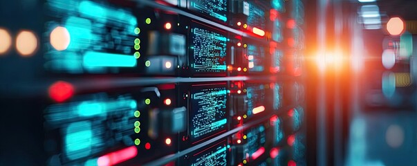 Naklejka premium Operation center idea. High-tech server room with glowing data panels and advanced computing systems.