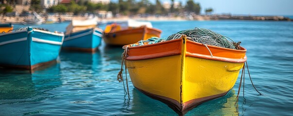 Obraz premium Small, brightly colored fishing boats with nets moored in Limassol port, Cyprus island, captured on a calm day with the stunning coastline in the background