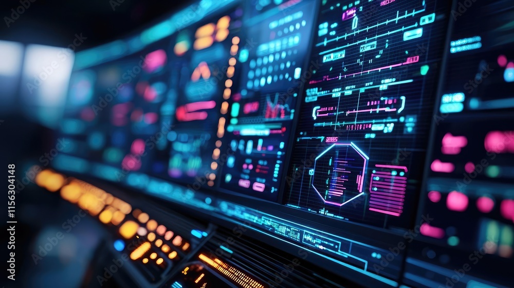 Poster Operation center idea. Futuristic control panel with vibrant interfaces and data visualizations.