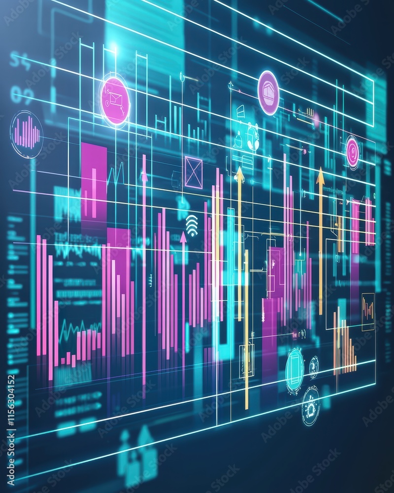Poster futuristic data visualization interface with graphs and icons