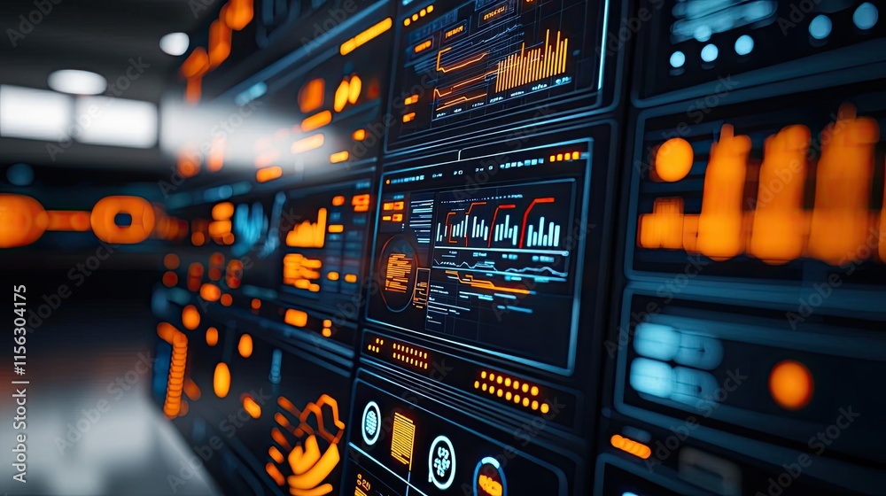 Poster operation center idea. futuristic dashboard displaying data, charts, and analytics in vibrant orange