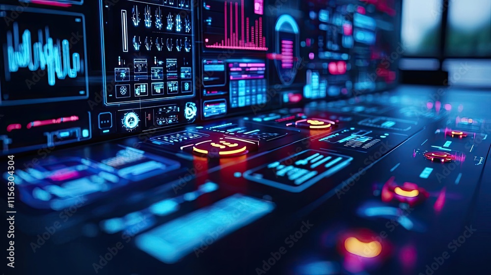 Poster Operation center idea. Futuristic control panel with vibrant screens and interactive buttons glowing in neon colors.
