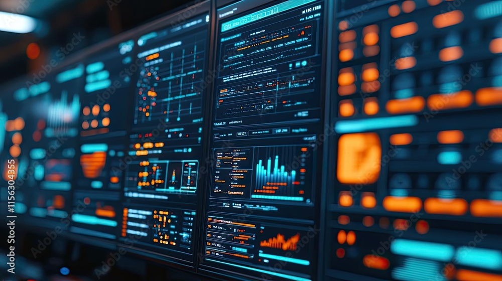 Poster Operation center idea. Modern digital interface displaying data analytics and financial metrics on screens.