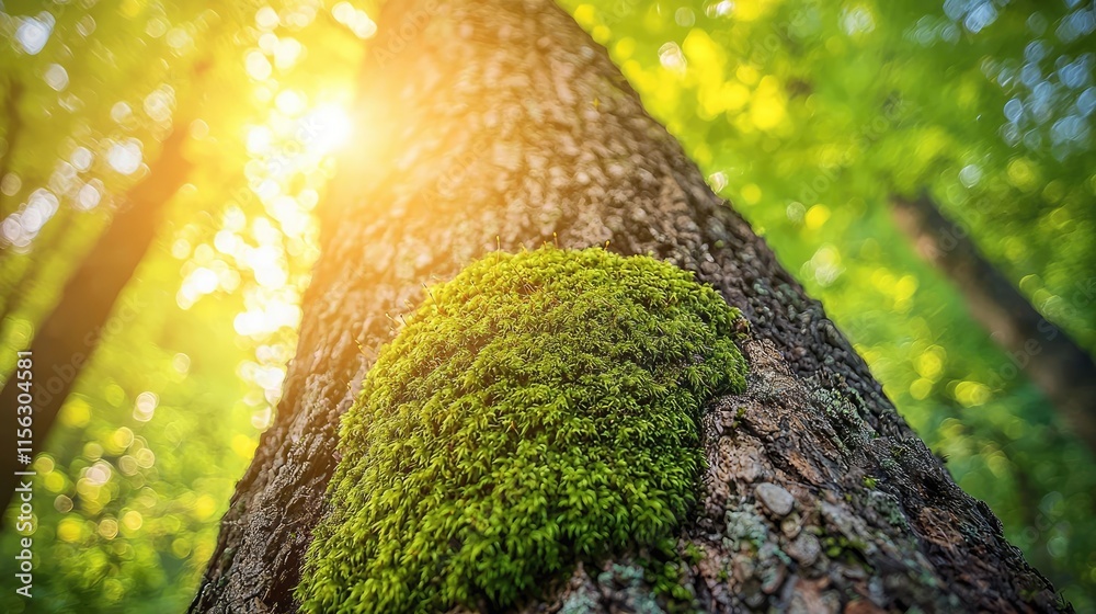 Poster moss forest concept. a close-up view of a tree trunk covered with lush green moss under sunlight.