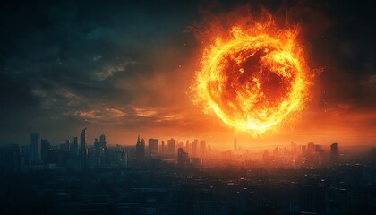 A burning globe over a cityscape, representing inflation, hyperinflation, and global economic crisis, symbolic of global warming and financial instability, raw style