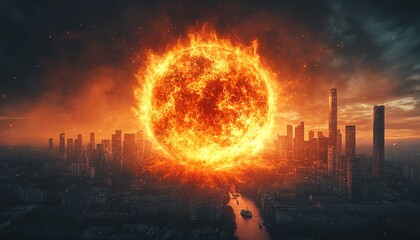 Obraz premium A burning globe over a cityscape, representing inflation, hyperinflation, and global economic crisis, symbolic of global warming and financial instability, raw style
