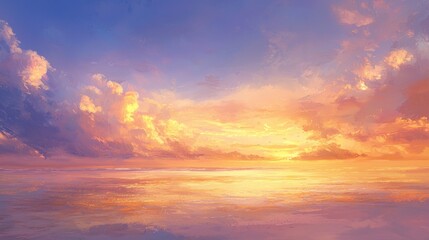 Fototapeta premium Vibrant sunset over a calm ocean, painted sky with colorful clouds.