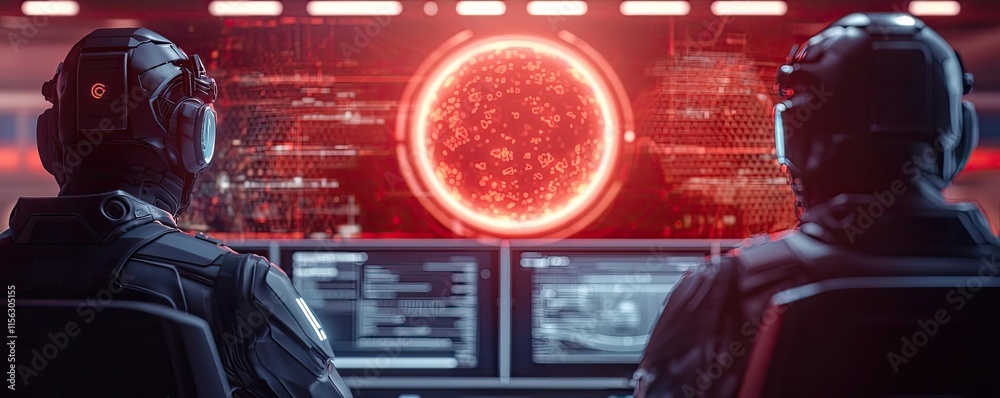Aufkleber operation center idea. futuristic control room with soldiers monitoring a glowing red star.