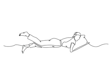 Woman sleeping on pillow bed continuous one line drawing. Sleeping woman in single line art illustration. Editable vector.