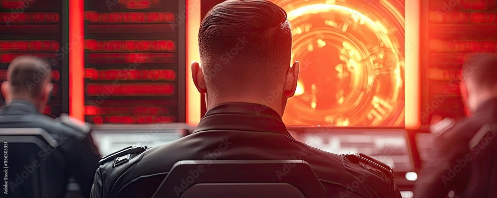 Poster operation center idea. a focused operator monitors digital information in a high-tech control room.