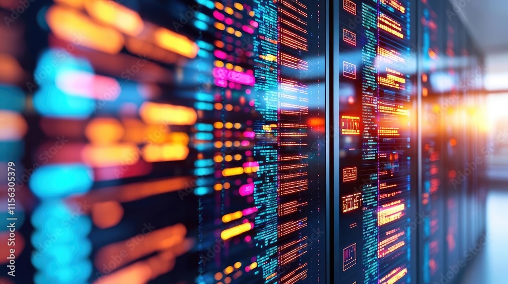 Poster Operation center idea. A close-up view of a digital server with colorful lights and intricate data patterns.