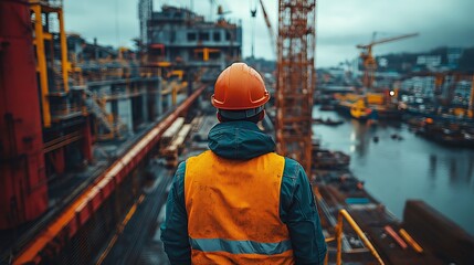 Construction Worker Surveys a Large Industrial Site
