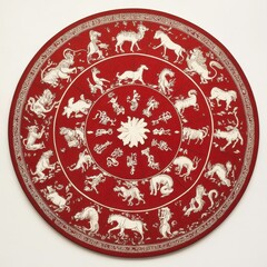 Fototapeta premium A red and white round object with a lot of animals on it
